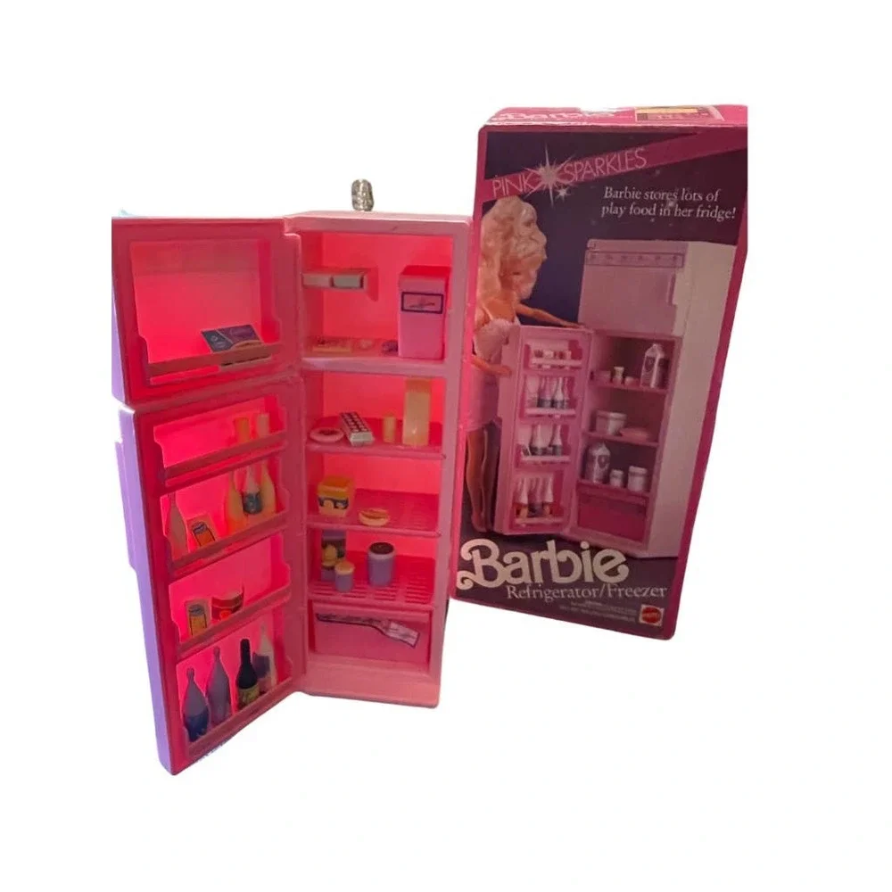 Mattel Barbie Pink‎ Sparkles Refrigerator Freezer #4776 w/ Accessories VTG 1987
